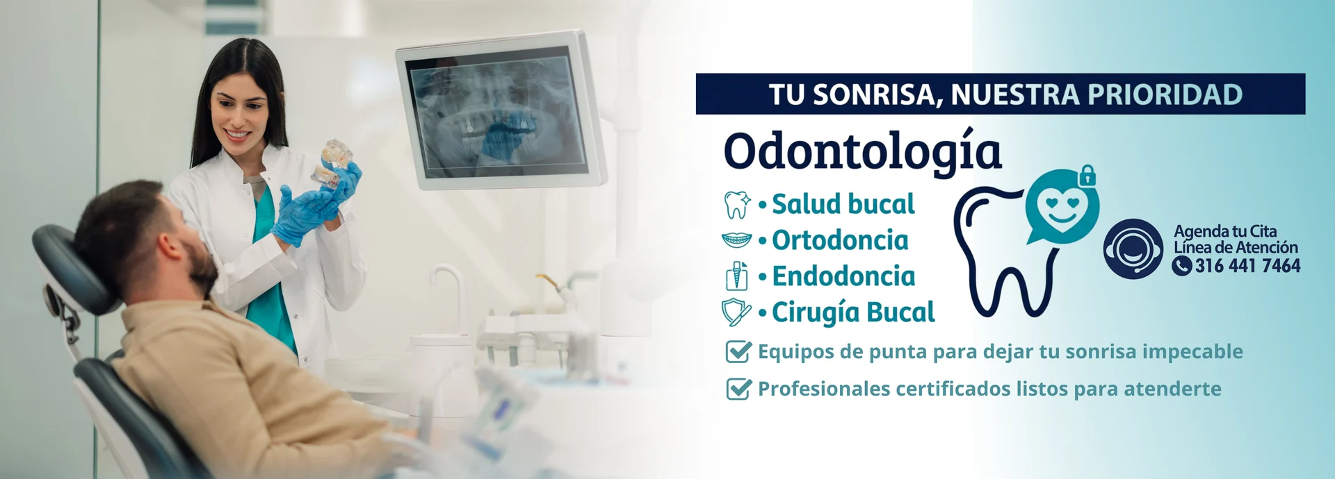 Servicios de odontología, ortodoncia, endodoncia y cirugía bucal.
